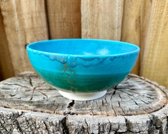 Stunning Handmade Wheel Thrown Turquoise Serving Bowl with Gold Lightning Accents