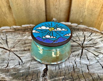 Handmade Hand Painted Cloudy Mountain Scene Ceramic French Butter Crock – Rustic Kitchen Decor