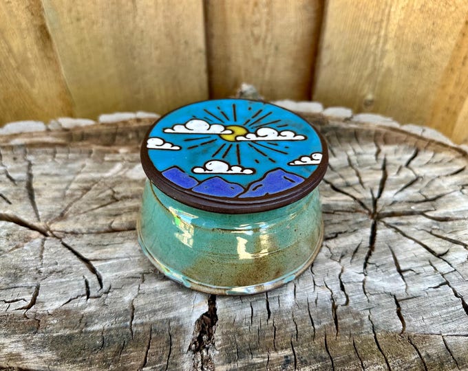 Featured listing image: Handmade Hand Painted Cloudy Mountain Scene Ceramic French Butter Crock – Rustic Kitchen Decor