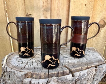 Handmade Mountain Full Moon Travel Mug – Cup Holder Friendly with Silicone Lid