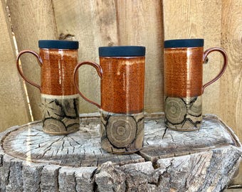 Wood Grain Handmade Pottery Travel Mug with Silicone Lid - Cup Holder Friendly