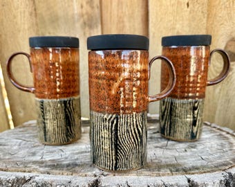 Wood Grain Handmade Pottery Travel Mug with Silicone Lid - Unique Ceramic Cup for Coffee & Tea Lovers