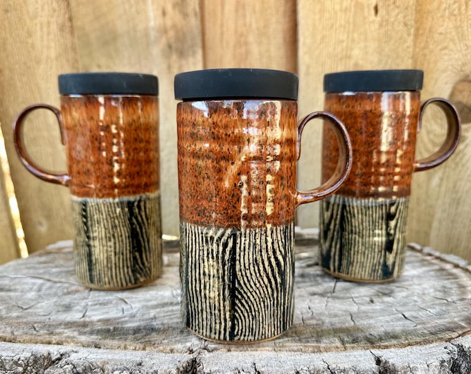 Featured listing image: Wood Grain Handmade Pottery Travel Mug with Silicone Lid - Unique Ceramic Cup for Coffee & Tea Lovers