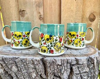 Porcelain Floral Skull Mug | Yellow Roses Skull Mug | Floral Halloween Mug