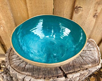 Handmade Large Turquoise Teal Serving Bowl - Marbled Clay Bowl