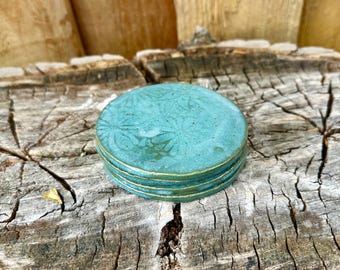 Set of TWO Handmade Blue Green Floral Ceramic Pottery Coasters - Unique Floral Design - Discounted Seconds