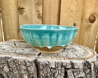 Blue Drippy Glaze Large Serving Salad Bowl - Handmade Ceramic Pottery with Thumb Rest