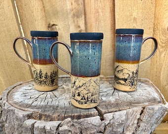 Handmade Ceramic Travel Mug: Winter Cabin Scene, Silicone Lid