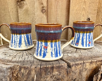 Handmade Ceramic Mug: Forest Print, Blue Glaze, Red Birds