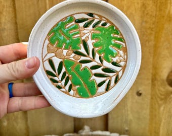 Monstera Large Spoon Rest | Mosaic Style Spoon-rest | Handmade Kitchen Ceramic Spoon Rest |  Hand-Painted Large Spoon Rest