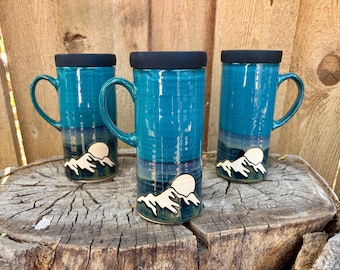 Handmade Mountain Full Moon Travel Mug – Cup Holder Friendly with Silicone Lid