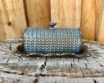Handmade Blue Knit Textured Ceramic Butter Dish - Unique Kitchen Decor & Serveware