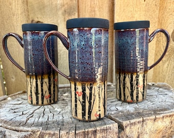 Handmade Ceramic Travel Mug: Forest & Bird Design with Silicone Lid