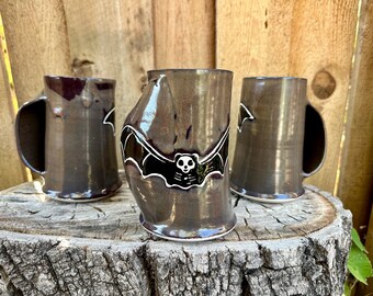 SALE!  Halloween Pocket Skeleton Mug | Skeleton Bat Handmade Mug | Cute Bat Hand Warming Mug