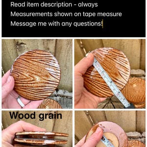 May include: A round ceramic lid with a brown wood grain texture and a glossy finish. A measuring tape shows the diameter is approximately 3.5 inches. The underside is a flat, unglazed tan circle. The text "Wood grain" appears in the image.