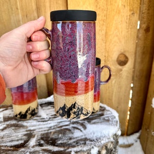 Sunset Mnt Travel Mug Mountain Travel Mug with Silicone Lid Purple and Pink Sunrise Sunset Mountain Travel Mug Handmade Wheelthrown image 3