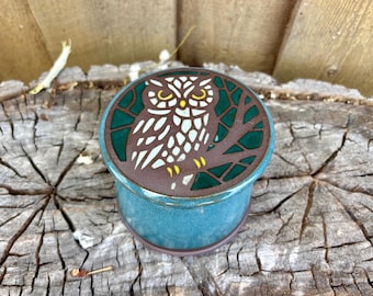 Handmade Hand Painted Owl Scene Ceramic French Butter Crock – Nature Kitchen Decor
