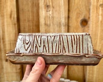Discounted Seconds: Handmade Hand Built Wood Grain Pottery Ceramic Butter Dish - Large Size!