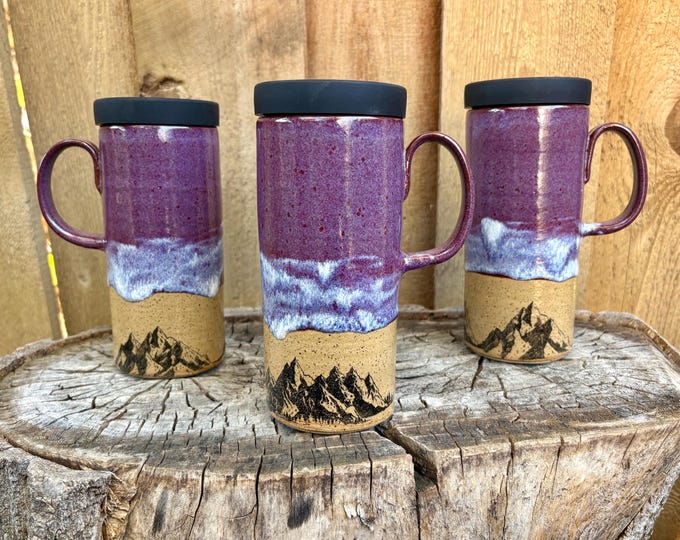 Featured listing image: Handmade Purple Mountain Ceramic Travel Mug with Silicone Lid