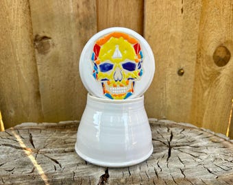 SALE!  Handmade Hand Painted Skull Ceramic French Butter Dish - Unique Kitchen Decor