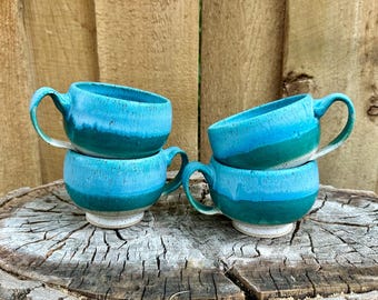 Handmade Turquoise & White 11 Oz Ceramic Mug - Unique Pottery Cup for Coffee or Tea