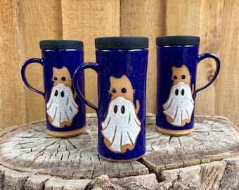 Ghost Cat Handmade Travel Mug with Silicone Lid - Cup Holder Friendly