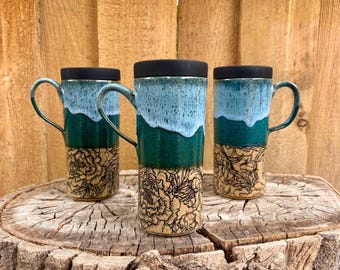 Handmade Peony Ceramic Travel Mug with Silicone Lid - Cup Holder Friendly