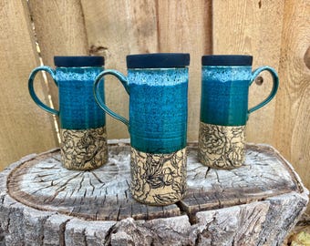 Handmade Peony Ceramic Travel Mug with Silicone Lid - Cup Holder Friendly