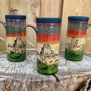 Handcrafted Desert Pottery Travel Mug with Silicone Lid - Sunset with Cactus