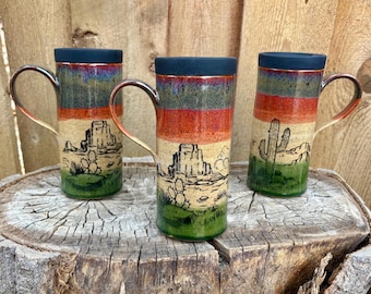 Handcrafted Desert Pottery Travel Mug with Silicone Lid - Sunset with Cactus