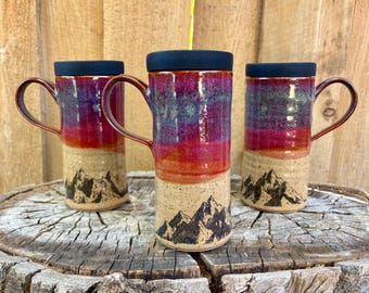 Handmade Mountain Ceramic Travel Mug with Silicone Lid