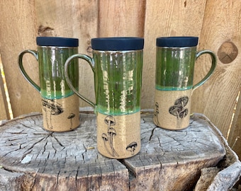 Handmade Green Glazed Mushroom Travel Mug with Silicone Lid | Cup Holder Friendly