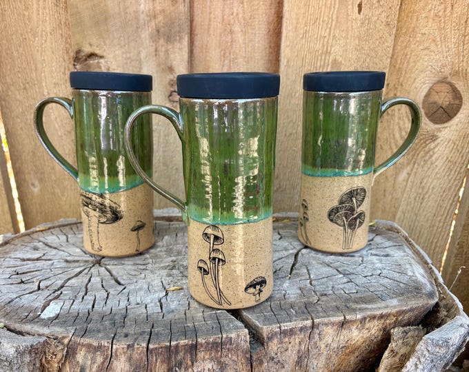 Featured listing image: Handmade Green Glazed Mushroom Travel Mug with Silicone Lid | Cup Holder Friendly