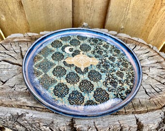 Handmade Floral Moon Luna Moth Ceramic Serving Pottery Plate - Unique Artisan Dish