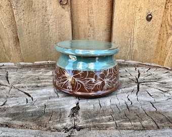 Handmade Small Pottery Turquoise Peony French Butter Crock | Artisan Kitchen Decor