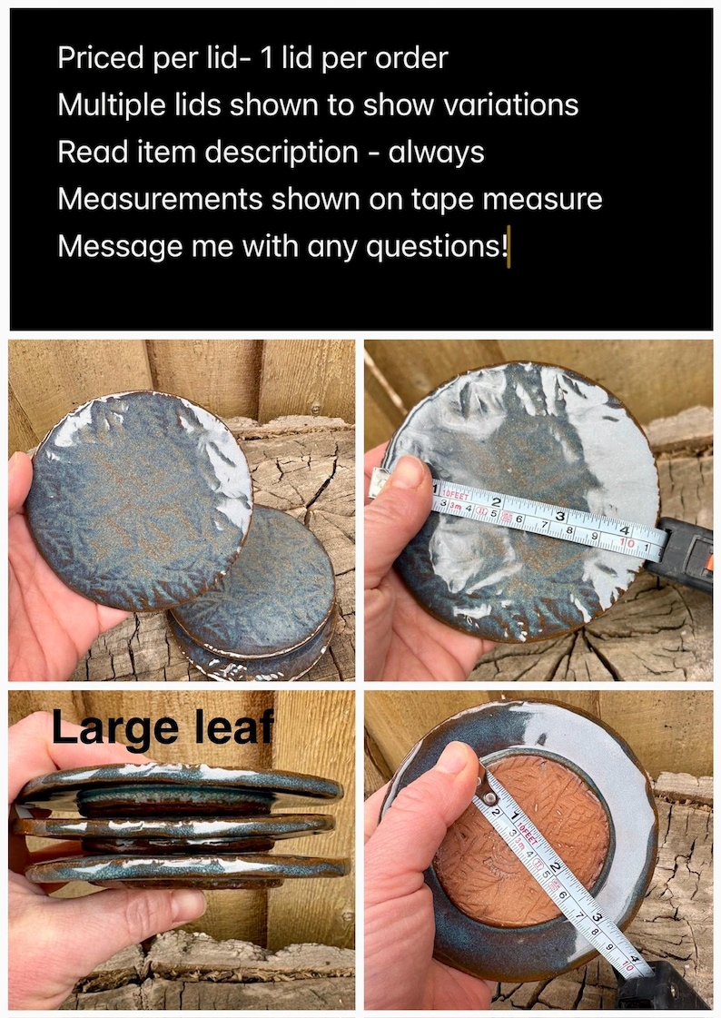 May include: Round ceramic lids with a blue and white glazed finish and a textured leaf pattern. A measuring tape shows the top diameter is approximately 4 inches and the inner base diameter is approximately 2.75 inches. The lids are stacked.