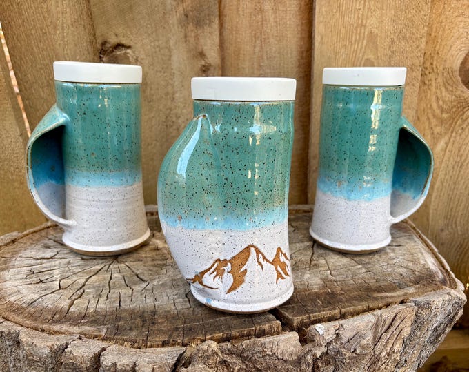 Featured listing image: Mountain Pocket Pottery Travel Mug with Silicone Lid- Handmade Mnt Handwarming Blue White Mug