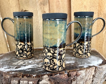 Unique Handmade Skull Pottery Travel Mug with Durable Silicone Lid - Cup Holder Friendly