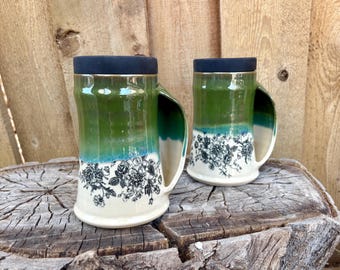 Handmade Green Floral Hand-Warming Travel Mug - Ceramic Pocket Mug with Silicone Lid