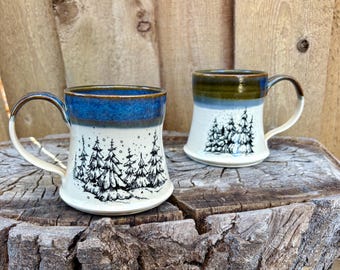 Handmade Pine Tree Ceramic Small Mug with Blue Sky - Christmas Winter Mug