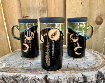 Moon Phase Travel Mug | Green Black Floral Lunar Travel Mug | To-Go Mug | Mug Silicone Lids | Floral Cosmic Witchy Mug | Popular Travel Mug