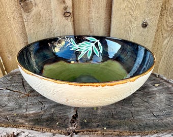 Large Handmade Porcelain Fern Plant Serving Bowl - Unique Pottery Ceramic Decor