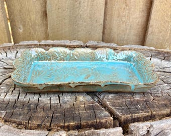 Handmade Ceramic Pottery Floral Plate Tray Dish for Jewelry Kitchen or Bathroom