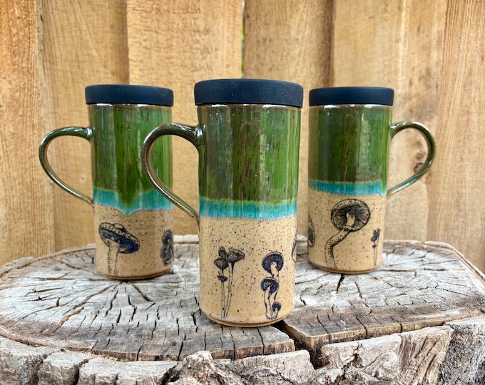 Featured listing image: Handmade Green Glazed Mushroom Travel Mug with Silicone Lid | Cup Holder Friendly