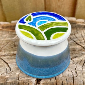 Handmade Porcelain Butter Keeper: Mosaic Nature Scene French Butter Crock