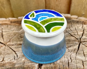 Handmade Porcelain Butter Keeper: Mosaic Nature Scene French Butter Crock