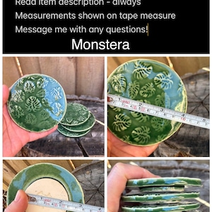 May include: Round ceramic lids featuring a raised green monstera leaf pattern. A measuring tape shows a diameter of approximately 3.5 inches. The underside is a flat, unglazed beige circle. The text reads: Priced per lid- 1 lid per order, Multiple lids shown to show variations, Read item description - always, Measurements shown on tape measure, Message me with any questions!, Monstera.