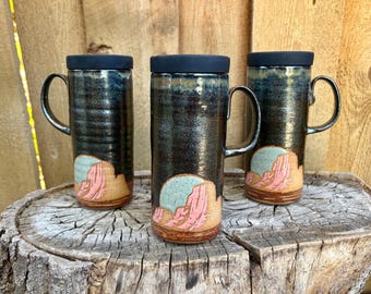 Handmade Hand Painted Desert Scene Travel Mug with Silicone Lid - Starry Night Unique Pottery Ceramic Coffee Cup