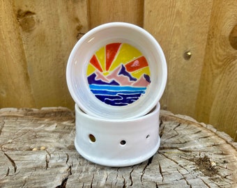 Handmade Porcelain Herb Stripper Bowl: Mountain Kitchen Tool