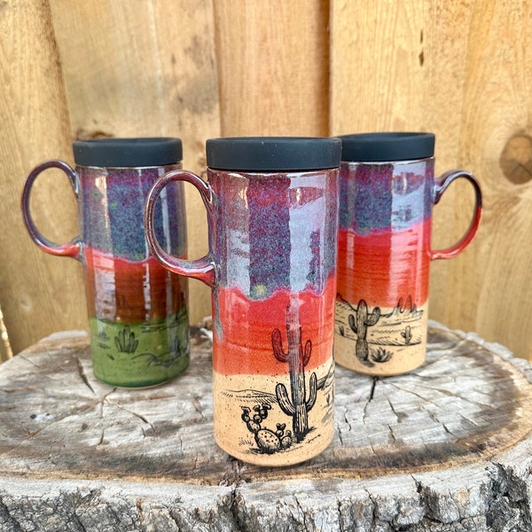 Drippy Cactus Travel mug | Cactus Travel | Desert Mug | Pottery handmade | Handmade Mug | Personalized Gift | Unique Mug | Silicone Lid